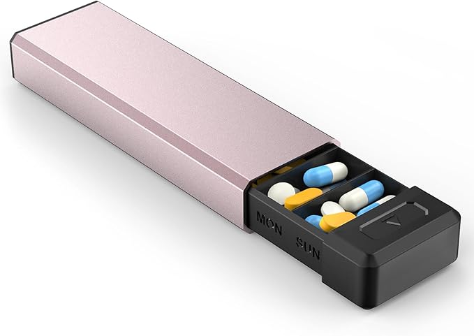 HEIYING Pill Organizer with Aluminum Shell for One Week Capacity, Portable 7 Compartments Pill Box Container to Hold Vitamin, Medicine, Supplements