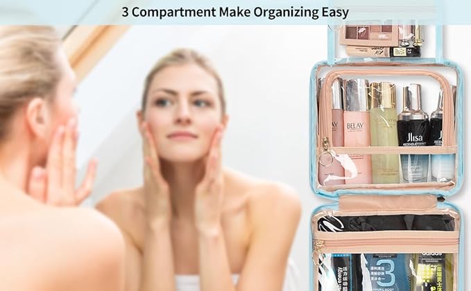 CUBETASTIC Hanging Travel Toiletry Bag, Clear Makeup Bag, Transparent 3 Comparment Small Travel Bag Cosmetic Organizer Case Portable Skincare Pouch with Handle (Blue, Small (Pack of 1))