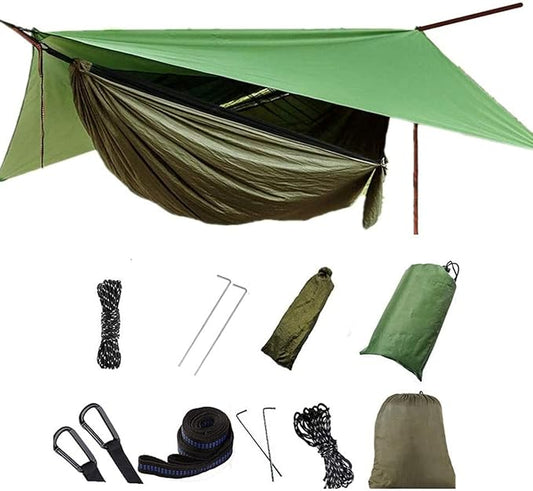 Camping Hammock with Rain Fly Tarp and Mosquito Net with Tree Straps，1/2 Person Portable Hammocks with Rain Cover for Indoor Outdoor Backpacking Hiking Travel Yard Activities Green