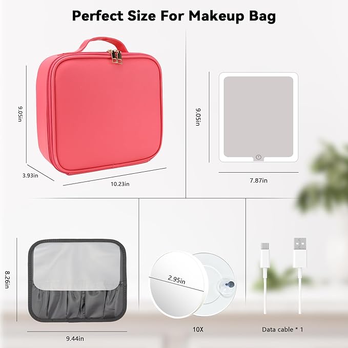 Travel Makeup Bag with LED Mirror and 10x magnifying glass with 3 Lighted Settings, Adjustable Dividers and Makeup Brush Storage Bag Light Red