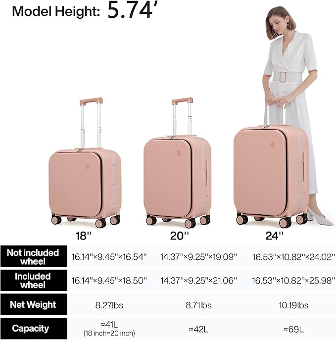 mixi Carry On Luggage, 20'' Suitcase with Front Laptop Pocket, Travel Rolling Luggage Aluminum Frame PC Hardside with Spinner Wheels & TSA Lock and Cover - Pink