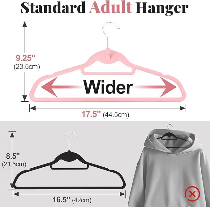 Velvet Felt Stackable Hangers 50 Pack, Non Slip, with 360°Swivel Hook, Ultra Thin and Space Saving for Suits, Shirts, Coats, 15Lbs Capacity Heavy Duty, Pink