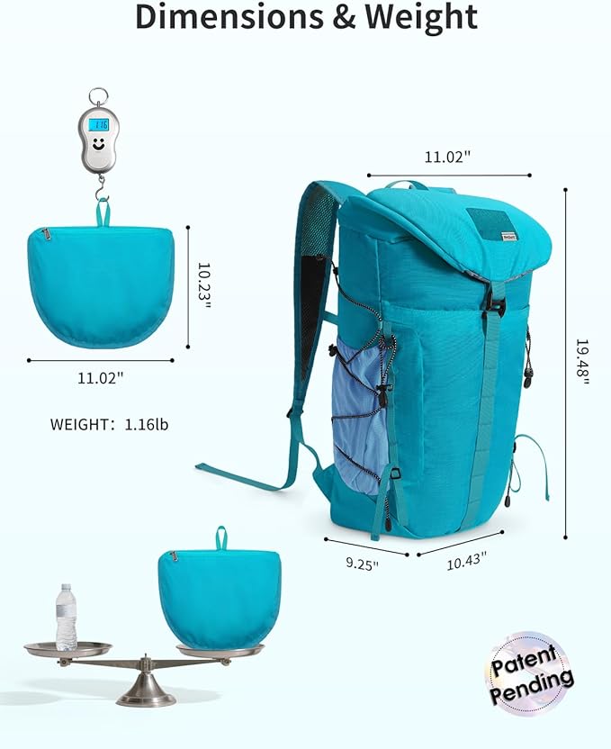 Blue Quartz Hiking Backpack 30L Lightweight Packable Backpack for Travel, Water Resistant Foldable Daypack for WoMen Men, Blue Green