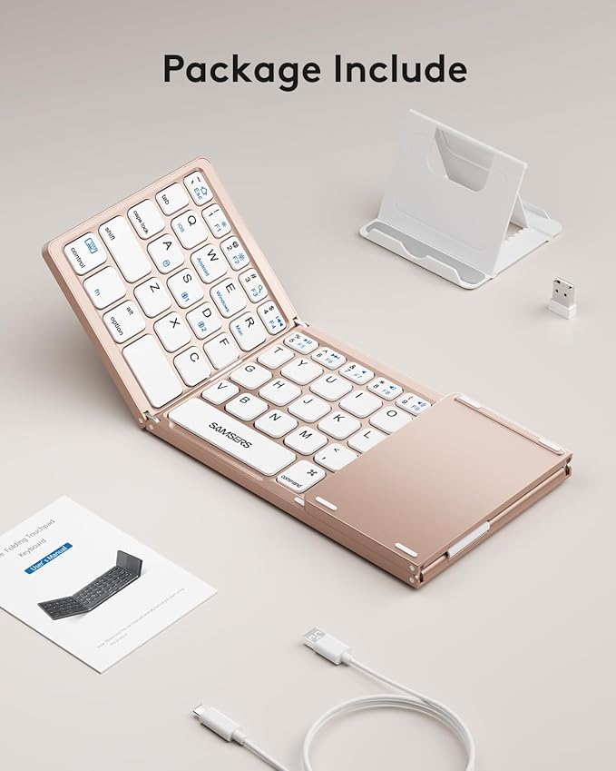 Samsers Multi-Device Foldable Bluetooth Keyboard with Touchpad, Rechargeable Dual-Mode(2.4G+BTx2) Wireless Keyboard with Holder, Portable Folding Keyboards for Android Windows iOS Mac OS - Pink
