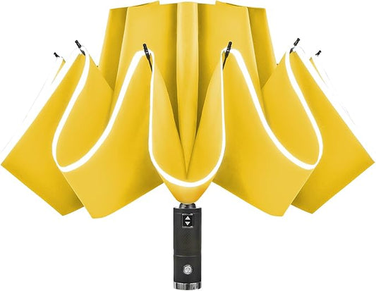 Lejorain Automatic Folding Umbrella Inverted - Upside Down Yellow Windproof Umbrella LED Flashlight Handle With Reflective Strip