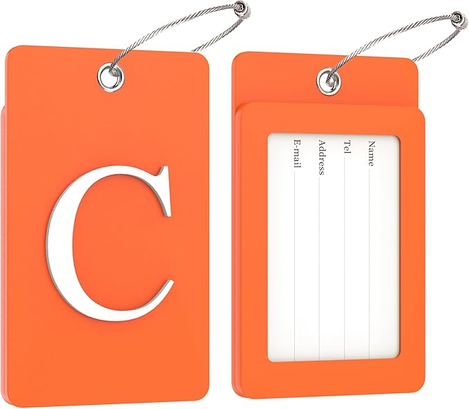 Gostwo 2 Pack Luggage Tags for Suitcases, 26 Initial Letter Travel Luggage Baggage Identification Labels ID Tag Fully Bendable Tags with Stainless Steel Loop (Orange) (Letter C)