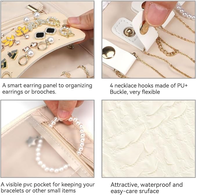Voova Travel Jewelry Holder Organizer Case, Small Jewelry Storage Bag for Women Girls, Foldable Traveling Jewellery Pouch Roll for Necklaces Rings Earrings Bracelets, Mini, Apricot