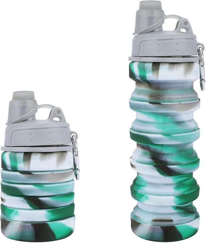 Collapsible Water Bottle for Adults, Boys, Students, Kids, Reusable Silicone Foldable Water Bottles for Travel Camping Hiking, Portable Sports Water Bottle, Gray & Green