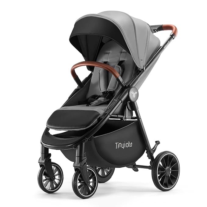 Tinyiota Baby Stroller, Infant Stroller with Large UPF 50+ Canopy,Luxury Pram Strollers with Leather Handle & Spacious Seat, One-Hand Foldable Pushchair, Toddler Carriage with Lie-Flat Mode(Gray)