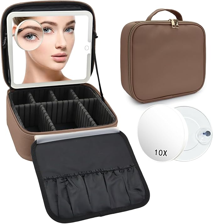 Travel Makeup Bag with LED Mirror and 10x magnifying glass with 3 Lighted Settings, Adjustable Dividers and Makeup Brush Storage Bag Mocha