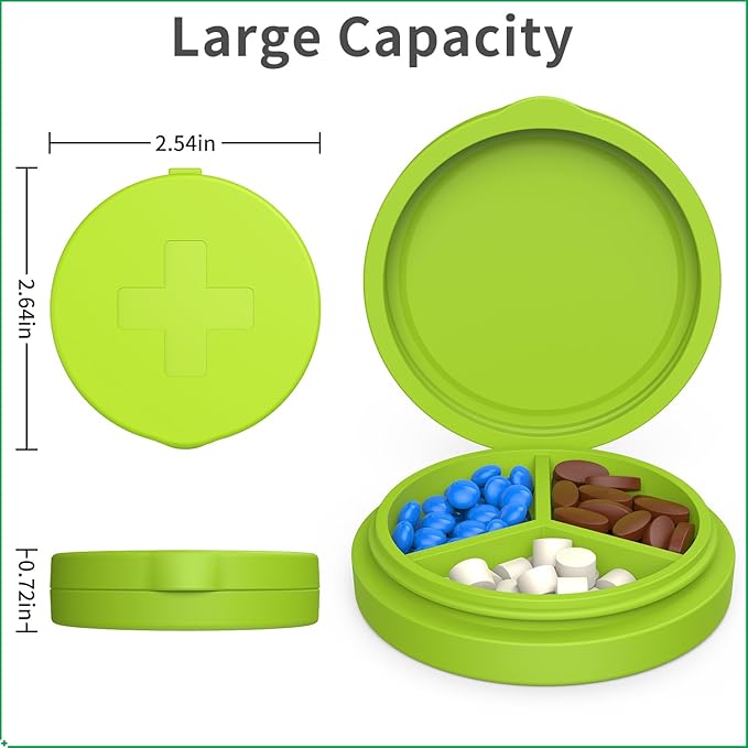 2 Pack Small Pill Box,3 Compartment Round Silicone Travel Pill Box for Purse Pocket, Waterproof Portable Compact Medicine Holder for Vitamin, Cod Liver Oil, Supplement(Green+Teal)