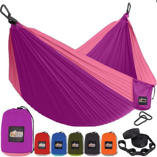 GORILLA GRIP Durable Portable Camping Hammock, Holds 500lbs with Heavy Duty Tree Straps, Comfortable Travel Swing, Camp Hammocks, Easy to Use and Install, Outdoor Essentials, Purple, 10x6.5 FT