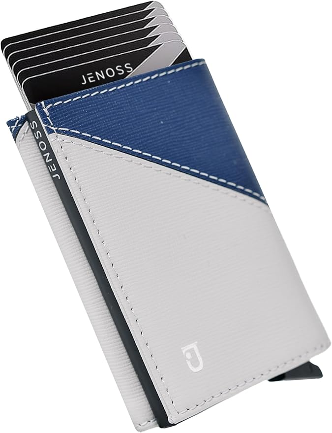 Jenoss Smart Wallet For Men: Full Grain Leather, Handcrafted, Slide Metal Pop Up Case, Slim RFID Blocking Credit Card Holder, Minimalist, Compact 12 Cards Slot Organizers, ID, Money Clip (Grey & Navy)