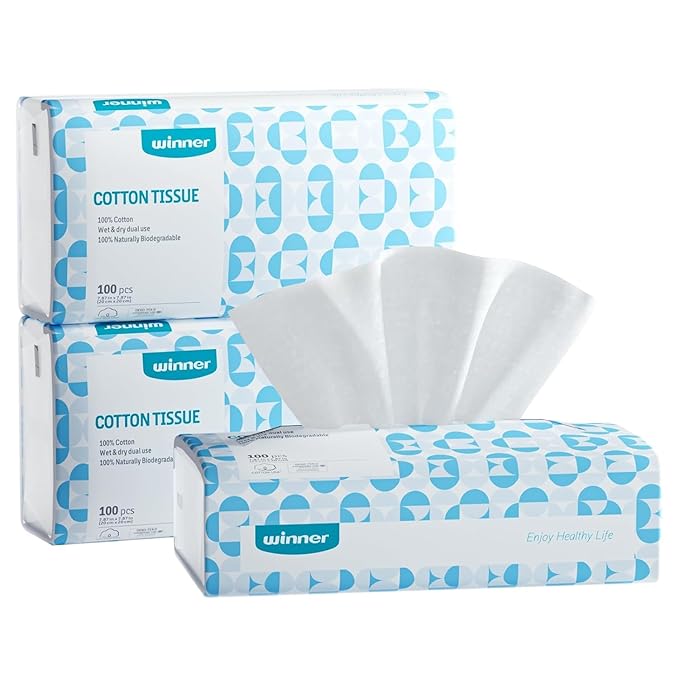 Winner Softer Face Towels - 100% USA Cotton Dry Wipes, 300 Count Unscented Cotton Tissues for Sensitive Skin, OEKO-TEX Certified Face Towelettes Disposable, Makeup Remover Facial Towels, 3 Pack