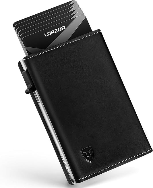 LORZOR Wallet for Men with Metal Card Holder, Pop Up Wallet, Finest Full Grain Leather Trifold Wallet, Smart, Minimalist, RFID Blocking, Front Pocket, ID Window, Black/Silver