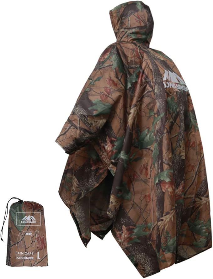 longsinger Rain Poncho for Adult, Waterproof Rain Poncho with Hood and Sleeve, Ideal for Hiking, Hunting, Camping
