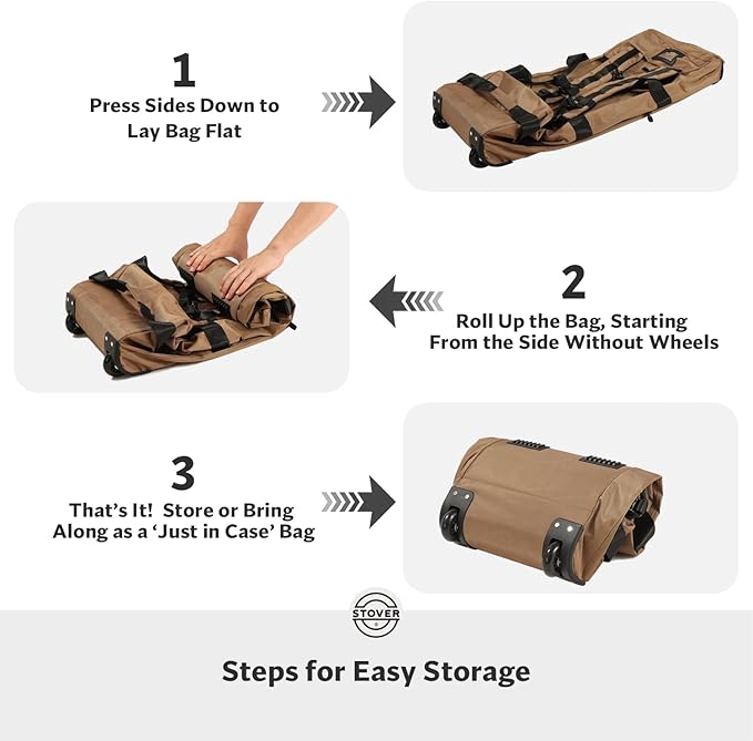 STOVER 80L Rolling Duffel Bag with Wheels, Large 31 Inch Durable Travel Duffle Bag + Toiletry Bag, Heavy Duty, Packable, Foldable w/Shoulder Straps- Use as Luggage or Backpack, Men/Women (Tan)