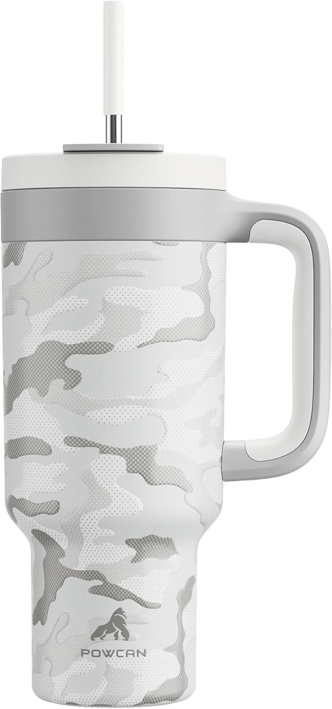 POWCAN 40 oz Camo Tumbler with Handle, 2-in-1 Straw and Sip Lid, Leakproof, Dishwasher Safe, Insulated Stainless Steel Travel Coffee Mug, Keeps Cold for 34 Hours, Car Cup Holder Fit (Clouded Aspen)