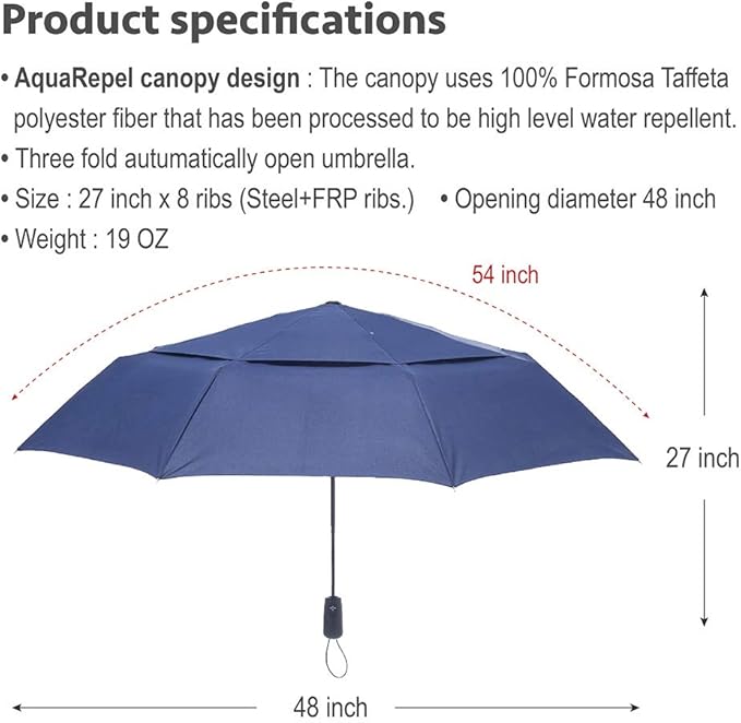 Large Umbrella Windproof 54 Inch Folds Into Portable Travel Size - Big Enough To Comfortably Fit In 2 Adults - Auto Open Close and Patented Vortex System For Superior Safety And Durability (Navy Blue)