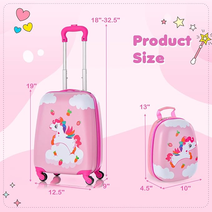 HONEY JOY Kids Luggage, 12" Toddler Backpack & 16" Travel Suitcase with Wheels, Lightweight Toddler Girls Suitcase, Durable ABS Hardshell, 2Pcs Carry On Luggage Set for Boys Girls(Unicorn)