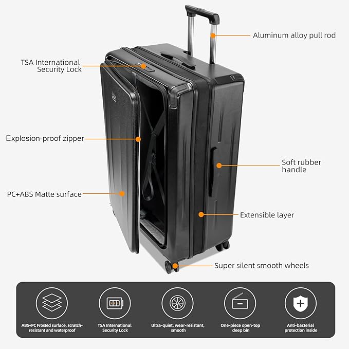 Premium Carry On Luggage, 29 Inch Top Opening Aluminum Frame Airline Approved ABS+PC Hard Shell Suitcases with Silent Wheels, TSA Lock, Front Pocket & Wet-dry Separated Six-piece set