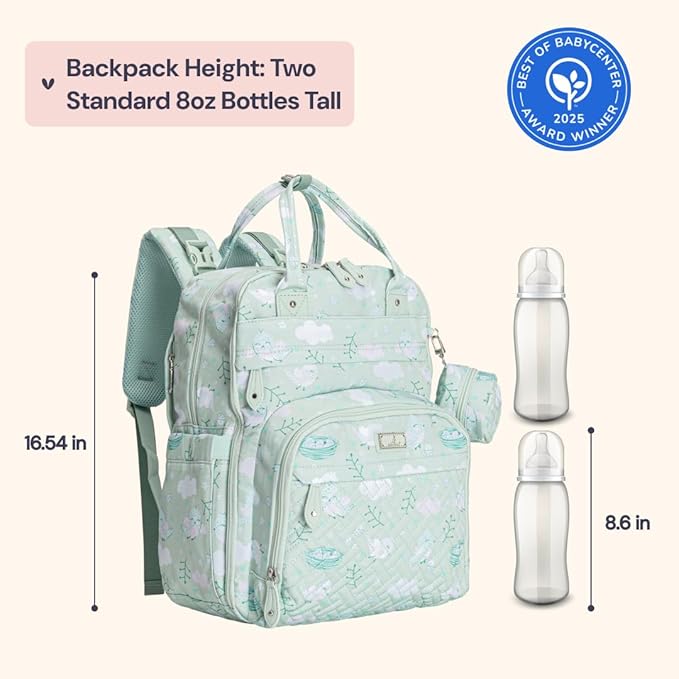 BabbleRoo Diaper Bag Backpack - Baby Essentials Travel Tote - Multi Function Water Resistant Diaper Bag, Travel Essentials Baby Bag with Changing Pad, Stroller Straps & Pacifier Case - Green Birdy