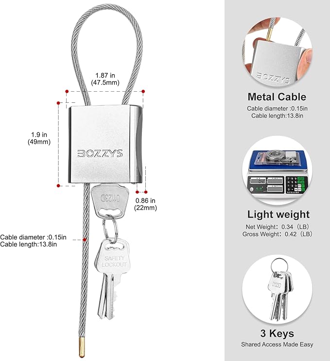 Adjustable Cable Padlock with 3 Keys | 1.15ft L x 1/6in D Aluminum Steel Cable Locks for Bikes, Gate, Lockers & Outdoor Gear | Keyed Different & Silver