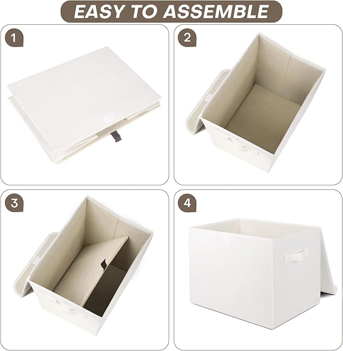 Large 22 Quart Linen Fabric Foldable Storage Bin Cube Organizer Basket with Flip-Top Lid & Handles, Clothes Blanket Box for Home, Office, Closet, White, 4 Pack 14.6 x 9.5 x 9.5”