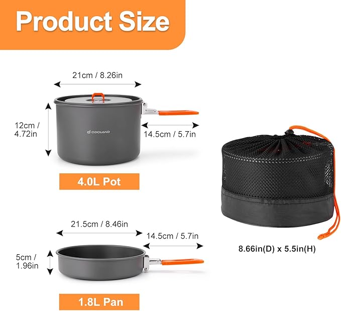Odoland Camping Cookware Mess Kit, Non-Stick Lightweight Camping Pot and Fry Pan Set with Mesh Bag for Backpacking, Outdoor Cooking and Picnic