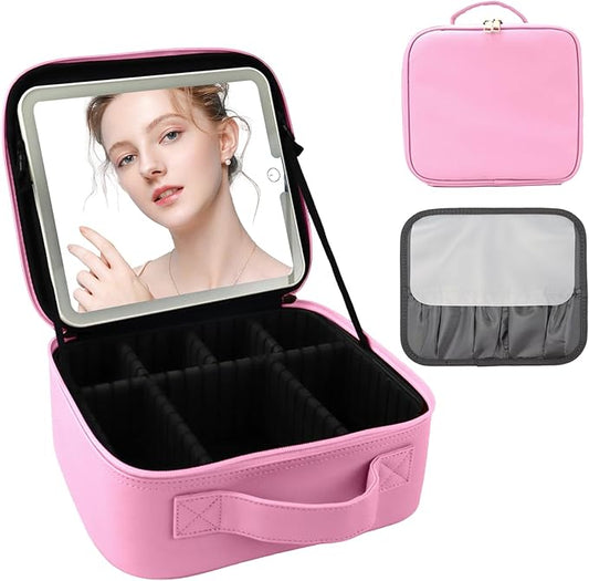 Travel Makeup Bag with LED Mirror and Light Travel Makeup Case Cosmetic Organizer Portable Cosmetic Brush Organizer Bag with Adjustable Dividers for Cosmetics Makeup Brushes Toiletry (Dark Pink)