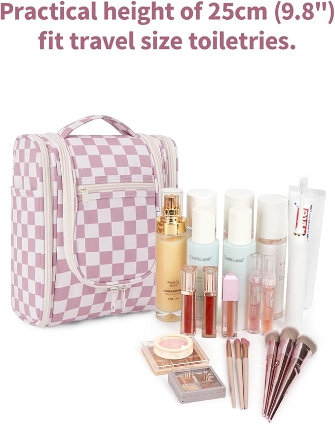 Narwey Small Checkered Hanging Travel Toiletry Bag for Women, Travel Bag for Toiletries, Makeup Bag Organizer Cosmetic Bags Make Up Bags for Women (Dusty Rose Checkerboard)