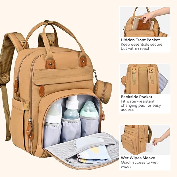 BabbleRoo Diaper Bag Backpack - Baby Essentials Travel Tote - Multi function Water Resistant Diaper Bag, Travel Essentials Baby Bag with Changing Pad, Stroller Straps & Pacifier Case - Unisex, Beige