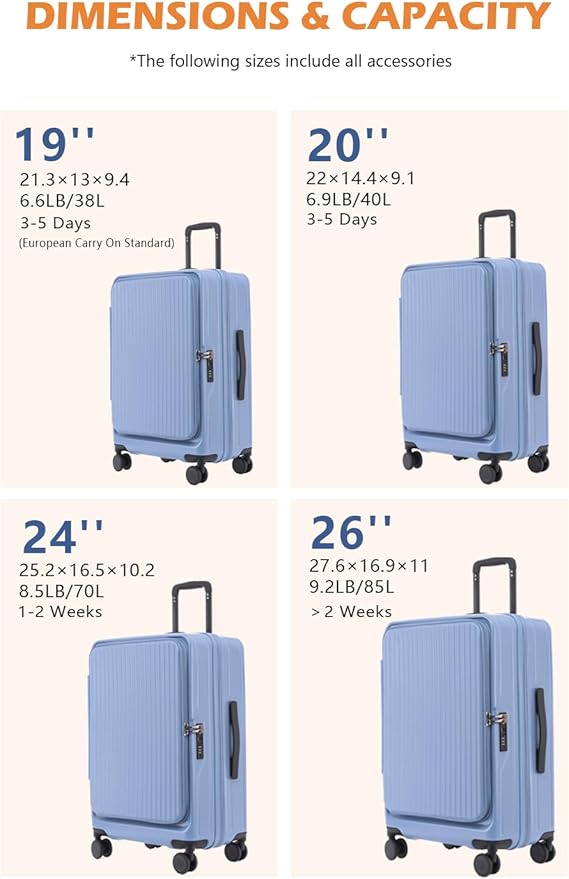 HotWay 24 Inch Expandable Carry On Luggage with Cup Holder, Hardside TSA Approved Luggage with Spinner Wheels, Top Opening Suitcase For Travel, White