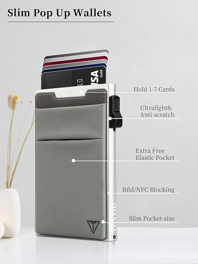 Slim Wallet for Men and Women,Pop Up Credit Card Wallet Metal Minimalist Cards Holder with Money Pocket,Small Ultralight Aluminum RFID Blocking Wallets 6-12 Card Capacity,Silver
