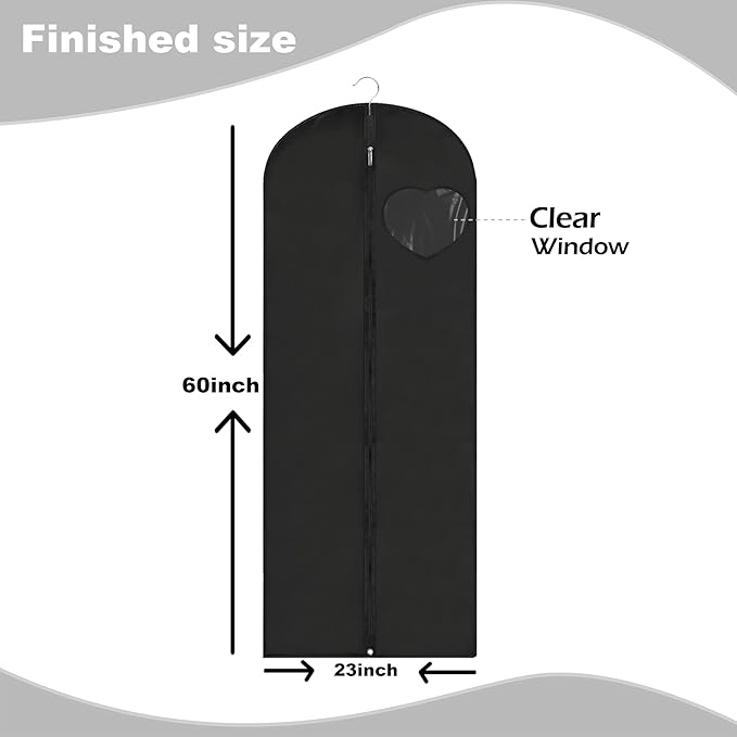 Dress Bags for Gowns Long, 60'' Garment Bags for Hanging Clothes, Suit Bag Cover for Storage and Travel, with Clear Heart Window, 2 Pack (Black)