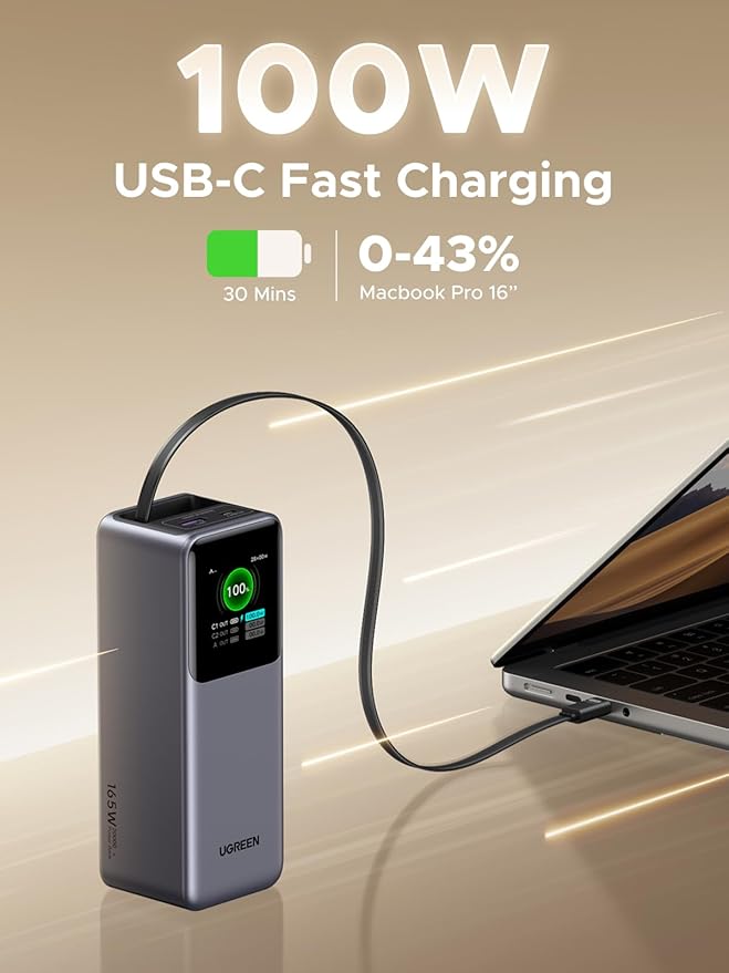 UGREEN Nexode Power Bank 20000mAh 165W with Built-in USB C Cable Laptop Travel Portable Charger, 100W Input, Fast Charging for MacBook Pro/Air/iPhone 16/iPad Pro/Galaxy S25 Ultra/Dell/HP and More