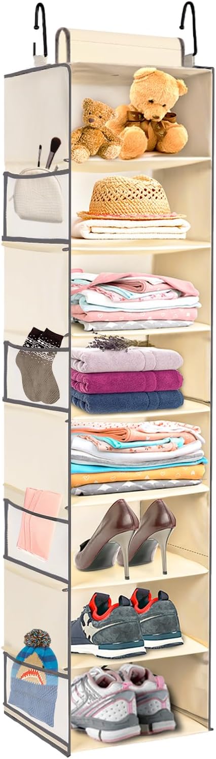 Large-Sized Hanging Shoe Organizer 8-Shelf, Hanging Closet Organizer with 8 Side Pockets, Wider Hanging Shelves for Storage Shoes Clothes 9" W × 11.8" D× 48" H, Beige.