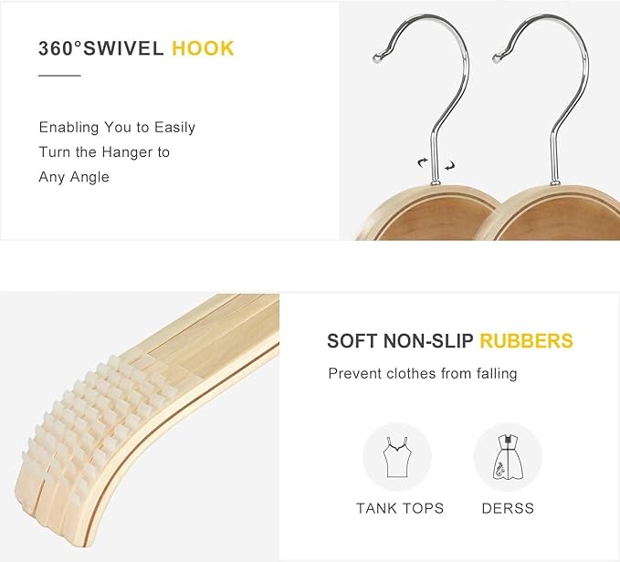 TOPIA HANGER Slim Natural Wood Hangers with Extra Soft Non-Slip Rubber Grips, 30-Pack High-Grade Fashion Hanger No Shoulder Bump for Sweaters, Hoodies, Jacket, Dress, Coat -CT15N30