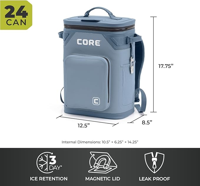 CORE Magnetic Leak Proof Soft Cooler with Waterproof Zipper | Insulated Bag Portable Ice Chest Box | Best Soft Cooler for Food & Beverages for Tailgating, Car Camping, Travel, and Family Beach Picnics
