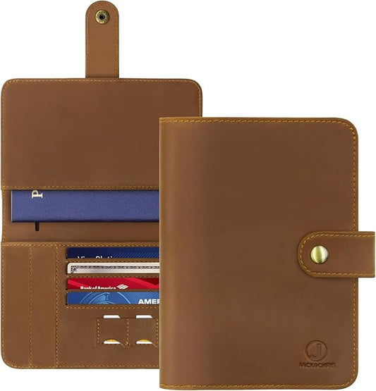 Jack&Chris Genuine Leather Handmade Passport Holder For Travel, RFID Blocking Passport Holder with Card Slots, Travel Essentials wallet with Pen Holder for Women and Men for Gifting, Light Brown