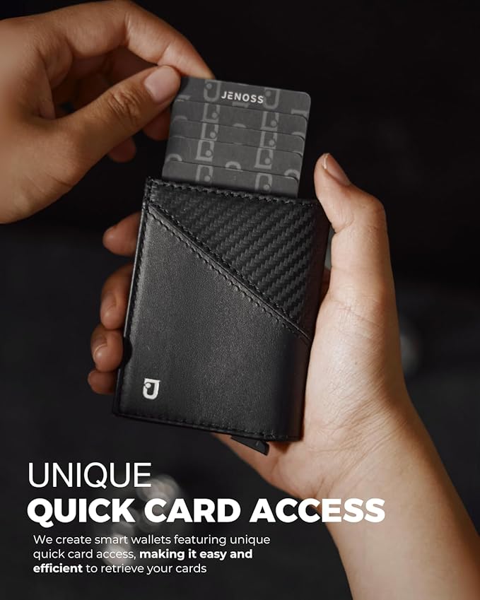 Jenoss Smart Wallet For Men: Full Grain Leather, Handcrafted, Slide Metal Pop Up Case, Slim RFID Blocking Credit Card Holder, Minimalist Compact 12 Cards Slot Organizers ID Money Clip (Black & Carbon)
