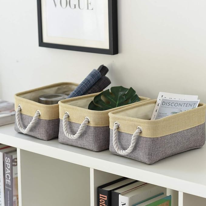 TheWarmHome Storage Bins for Organizing,Sturdy Storage Basket, Decorative Foldable Storage Baskets for Shelves Closet Toy (Gold&Grey Medium - 3 Pack 13.8L×9.8W×6.7H inch)