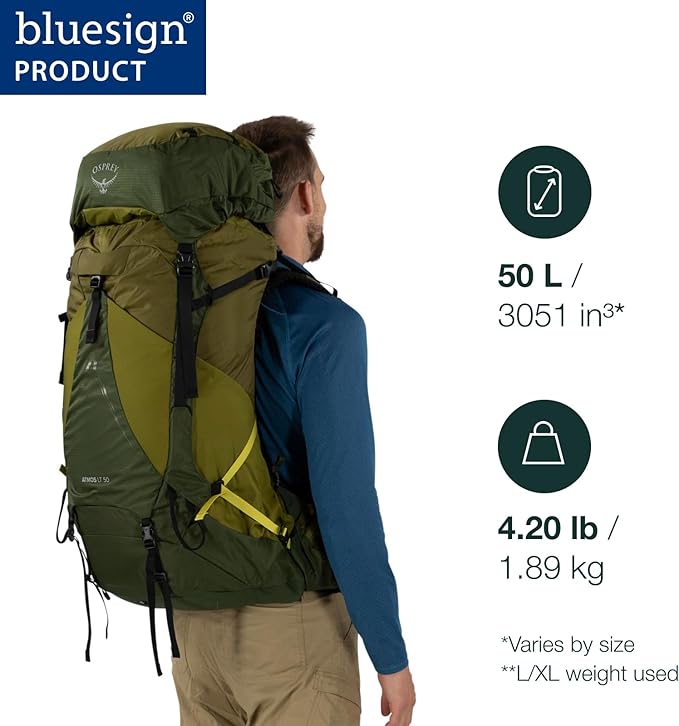 Osprey Atmos AG LT 50L Men's Backpacking Backpack, Black, L/XL