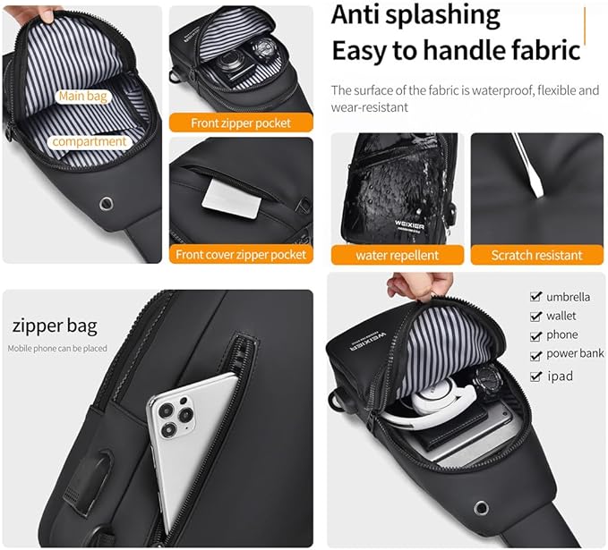Waterproof Sling Bags Mens Shoulder Crossbody Backpack with USB Charging Port& Headphone,Outdoor Lightweight Bag