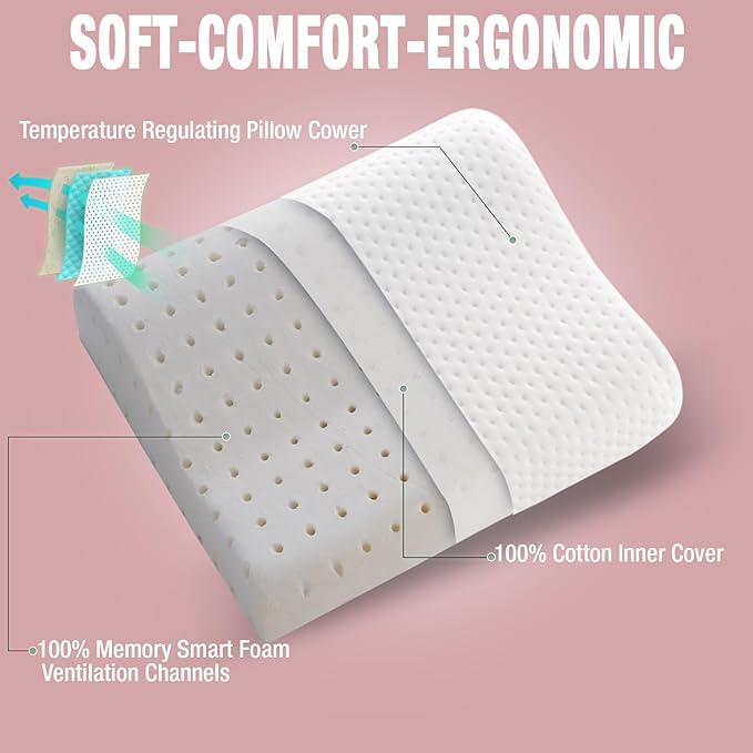 Travel & Camping Comfortable Memory Foam Pillow – Easy to Carry Portable Bag – Temperature Regulating Pillow Case (Pink Contour + Extra Cover)