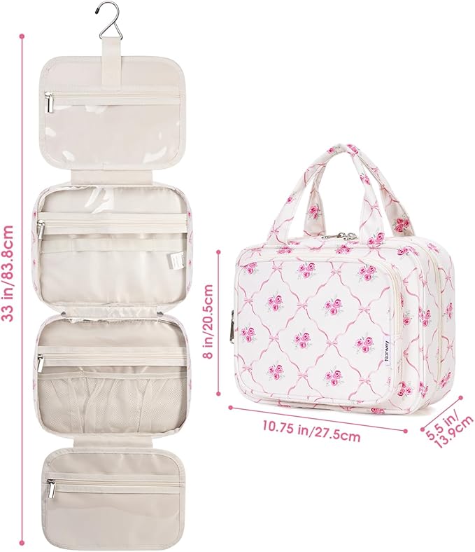 Narwey Hanging Toiletry Bag for Women Travel Makeup Bag Organizer Toiletries Bag for Travel Size Essentials Accessories Cosmetics (Bowknot and Flower (Medium))