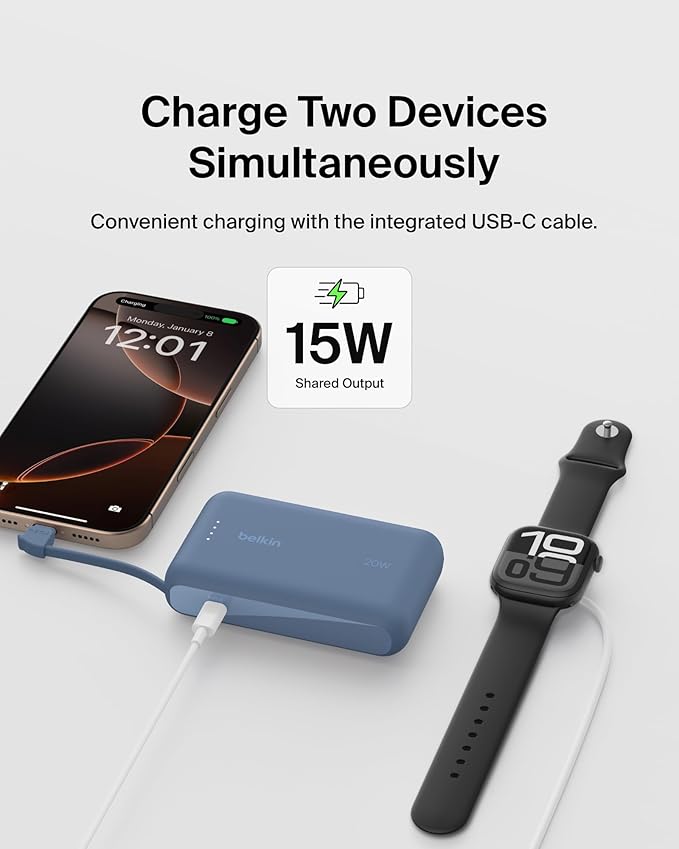 Belkin Portable Charger, Portable Power Bank with Integrated Cable 10000 mAh 20W - Fast Charge USB C Power Delivery, iPhone Charger - iPhone 16 Series, iPad Pro, Galaxy S25, & More - Blue