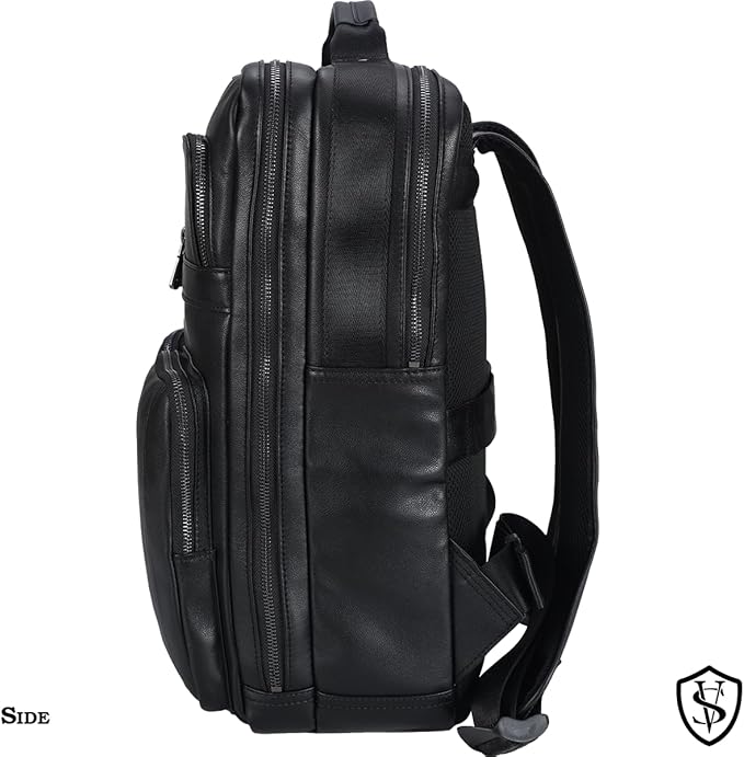 STAR VISTA Angelo 17.3" Premium Calfskin Leather Laptop Backpack for Men, Multi Pockets, Business Travel Bag, Casual Outdoor Rucksack, YKK Zippers, Black