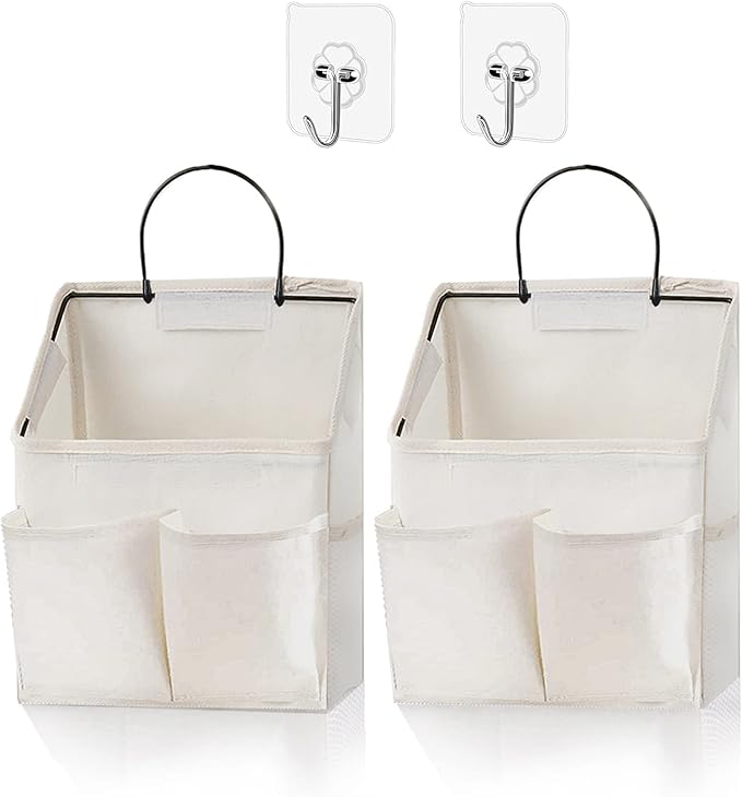 2 Pack Wall Hanging Storage Basket,Wall Hanging Organizer Bags with Pockets, Wall organizer Storage for Dormitory Bathroom Bedroom Kitchen(White-upgraded)