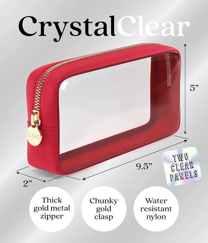 Clear Makeup Bag Zipper Pouch, Transparent Cosmetic Case Organizer, TSA Approved Travel Toiletry Case, Travel Accessories Essentials Makeup Tote for Women, Small Cute Make up Bag for Purse - Ruby